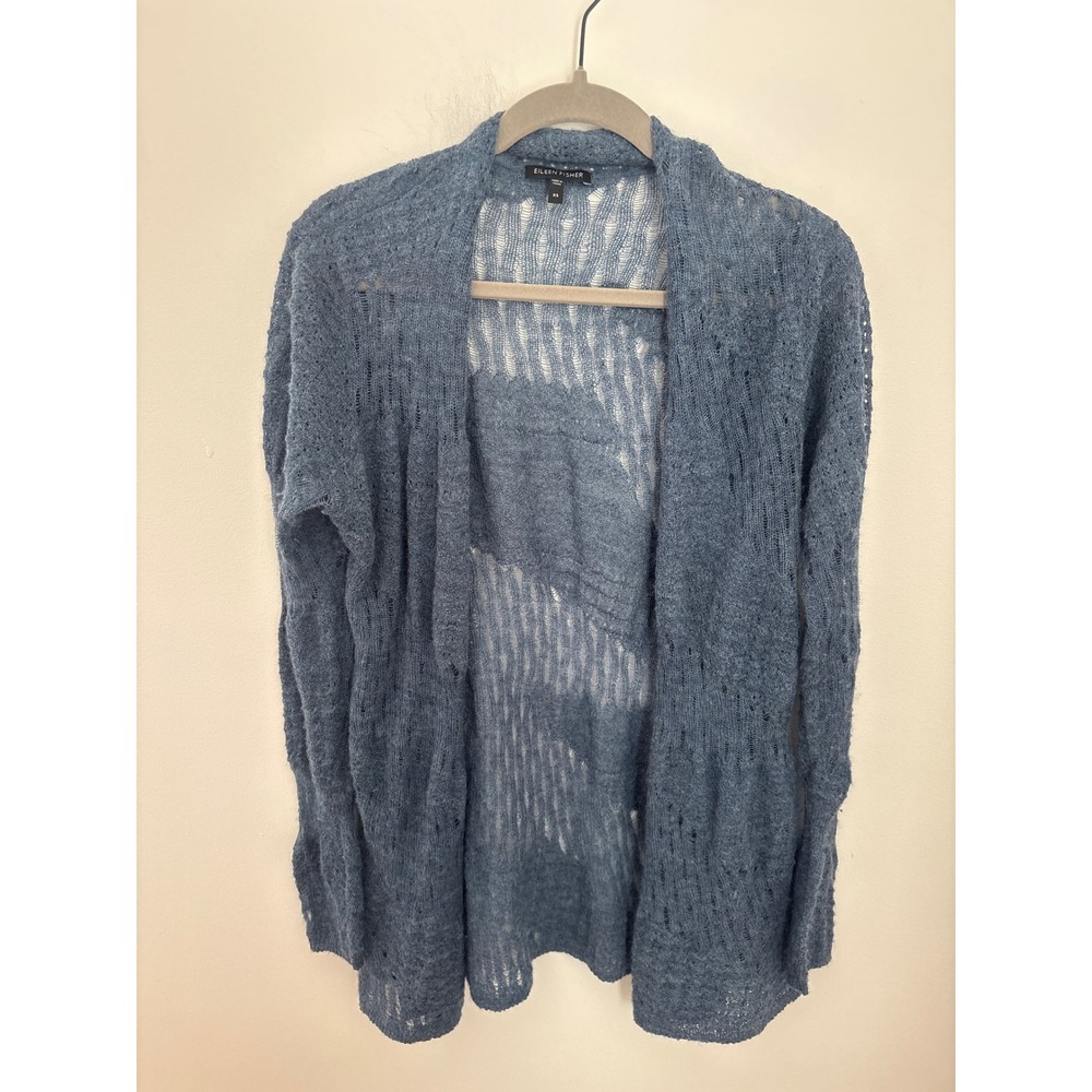 Eileen‎ Fisher Blue 100% Baby Alpaca Sheer Open Knit Cardigan Sweater XS